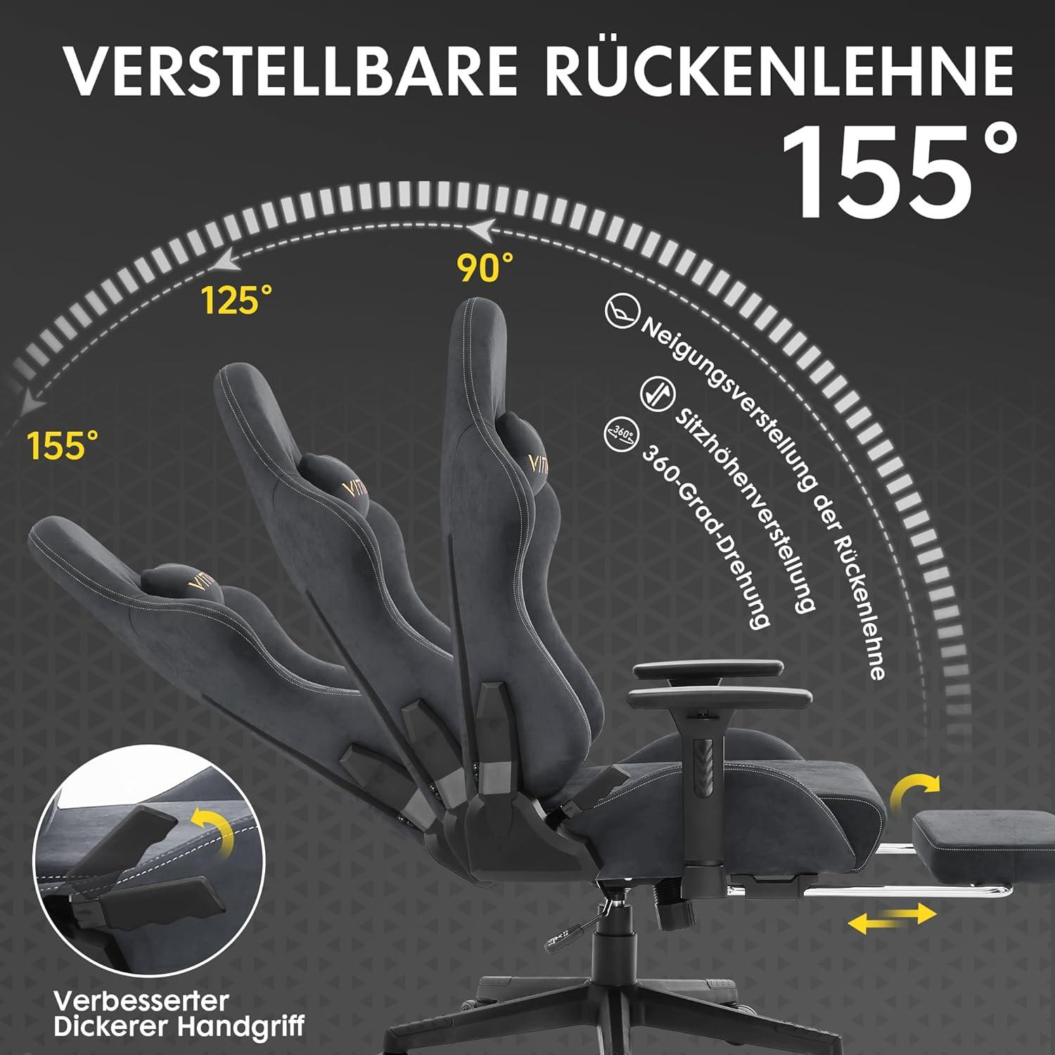 Ergonomischer Gaming Stuhl mit Fußstütze und Kopfstütze - Grau