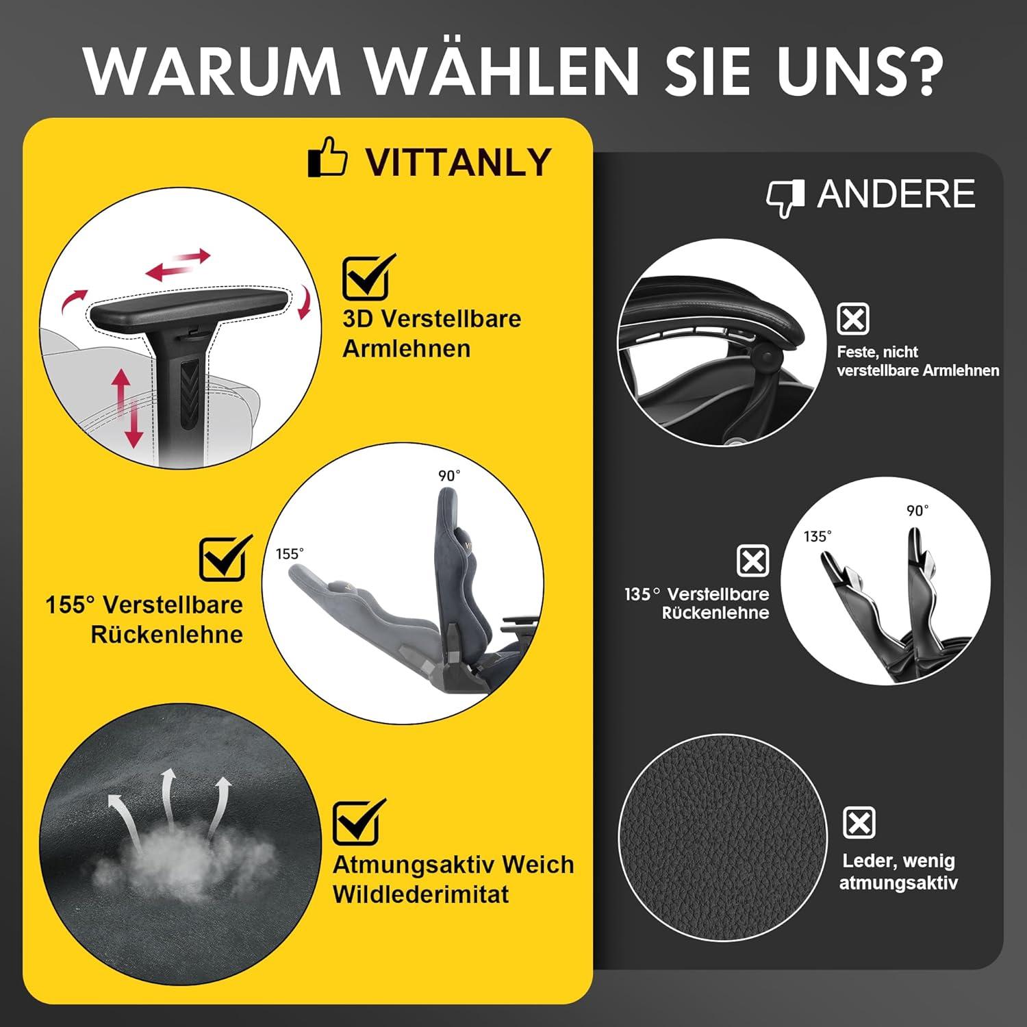 Ergonomischer Gaming Stuhl mit Fußstütze und Kopfstütze - Grau