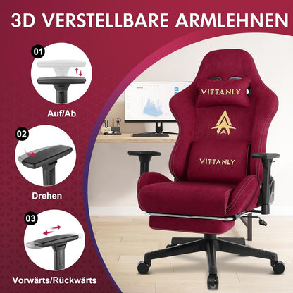 Gaming Stuhl mit Fußstütze und Lendenkissen, Weinrot