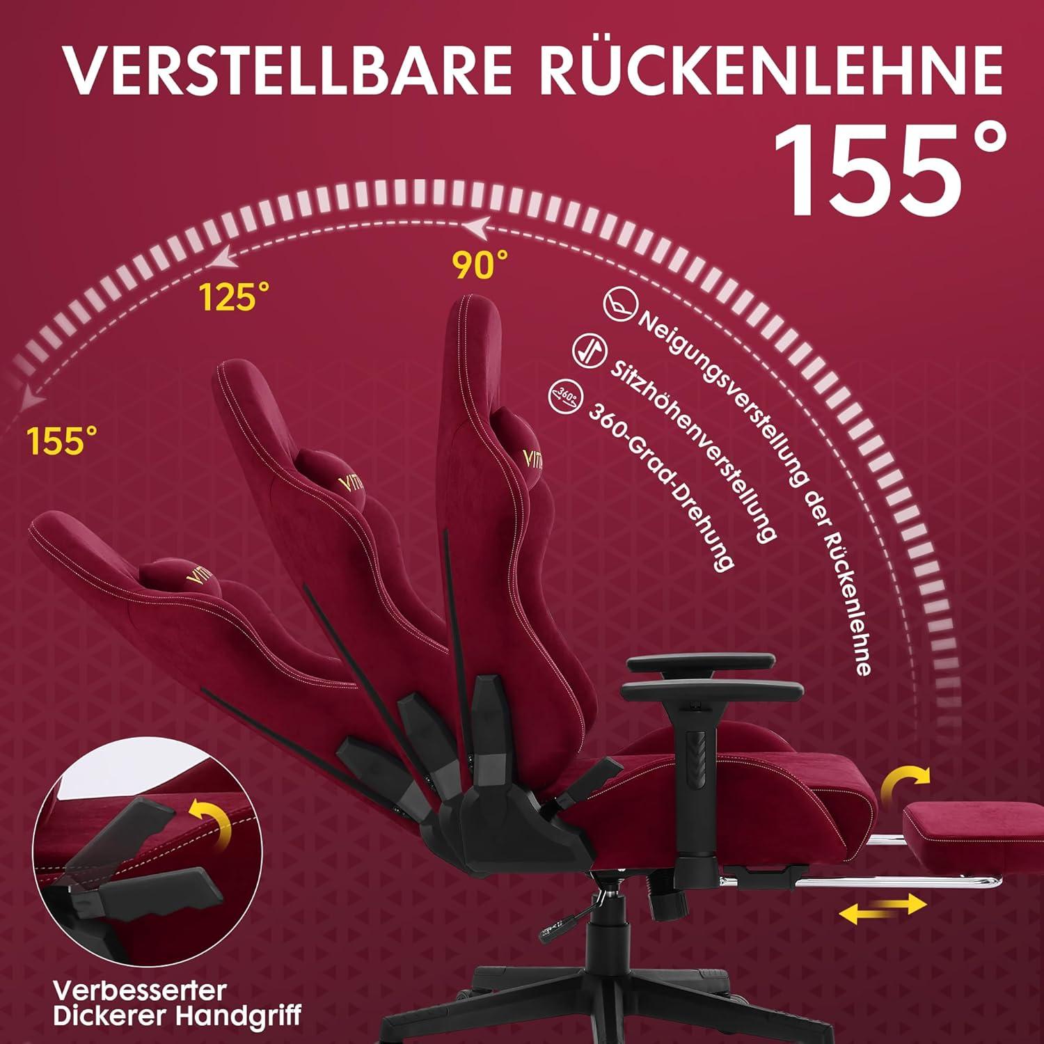 Vittanly Gaming Stuhl Wildlederimitat Bürostuhl Fußstütze Kopfstütze