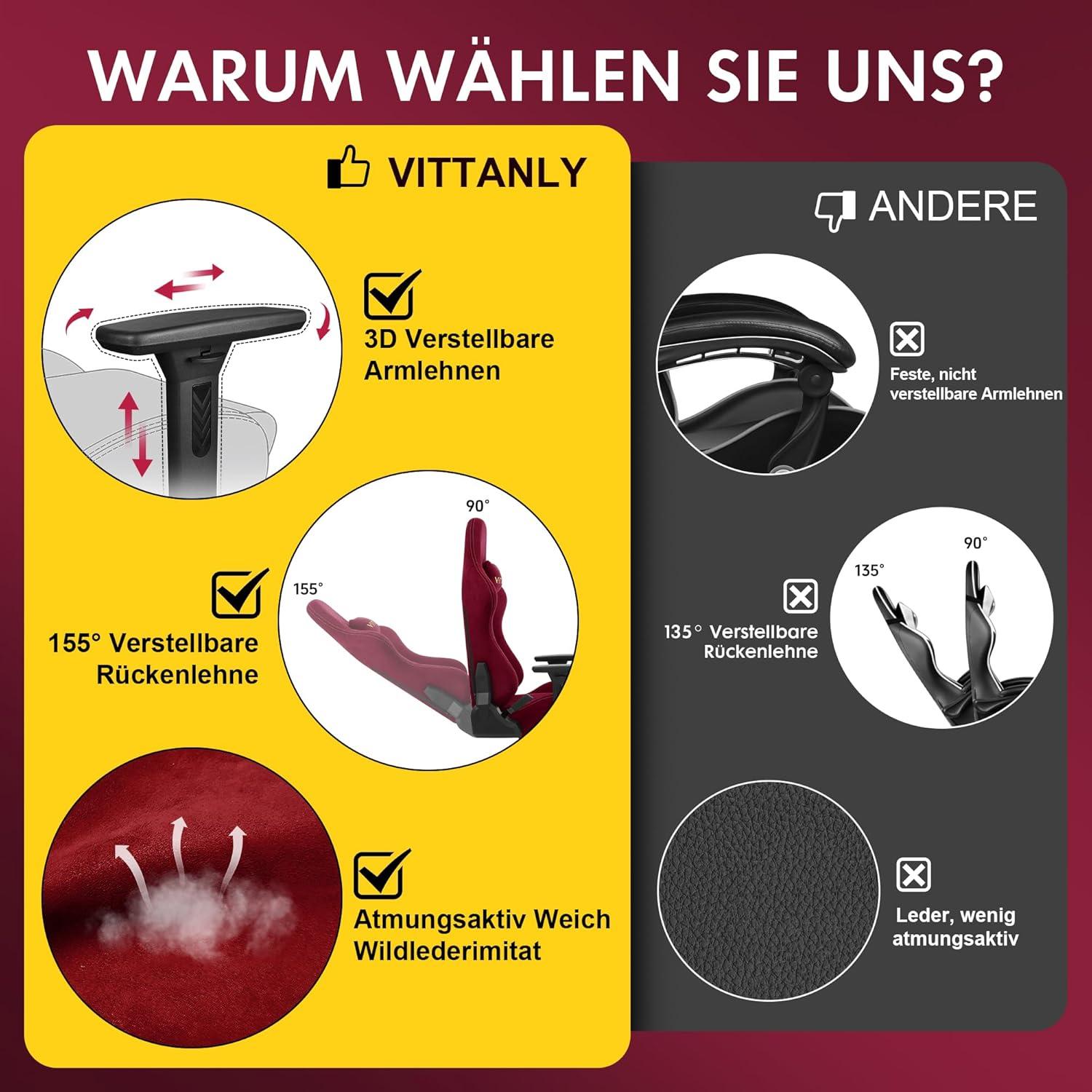 Vittanly Gaming Stuhl Wildlederimitat Bürostuhl Fußstütze Kopfstütze