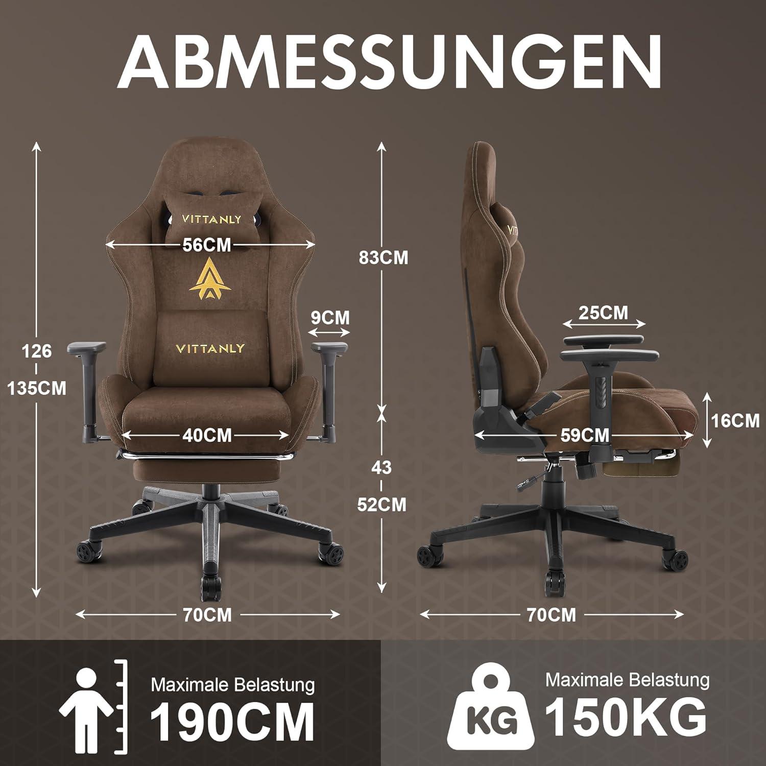Gaming Stuhl mit Fußstütze, Kopfstütze, Lendenkissen - Braun