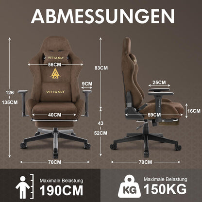 Gaming Stuhl mit Fußstütze, Kopfstütze, Lendenkissen - Braun