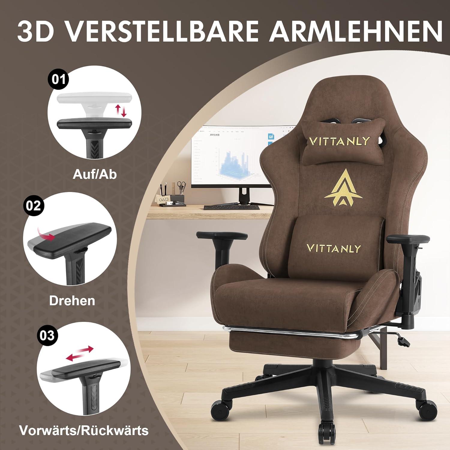 Vittanly Gaming Stuhl mit Fußstütze und Lendenkissen Braun