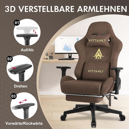 Vittanly Gaming Stuhl mit Fußstütze und Lendenkissen Braun