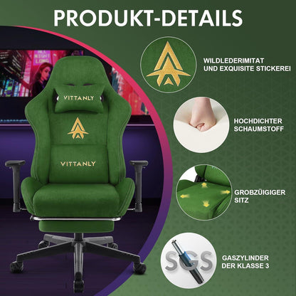 Ergonomischer Gaming Stuhl mit Fußstütze und 3D Armlehnen, Grün