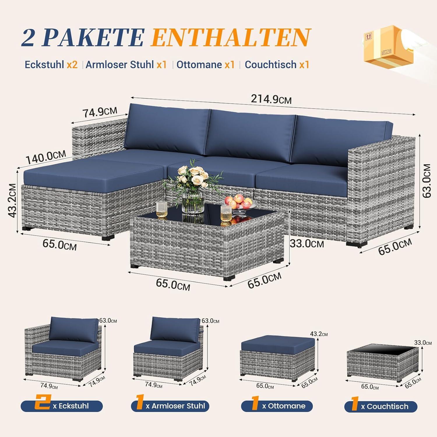 Rattan Gartenmöbel-Set 5tlg. mit 3er Sofa und Glastisch