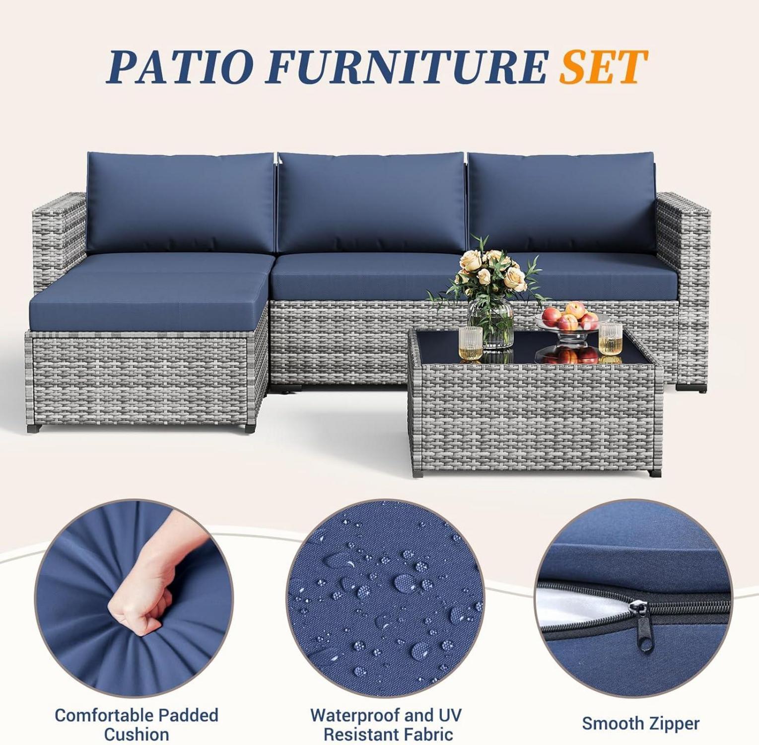 Amopatio 5tlg. Rattan Gartenmöbel Set für Garten & Terrasse, Grau-meliert & Marineblau