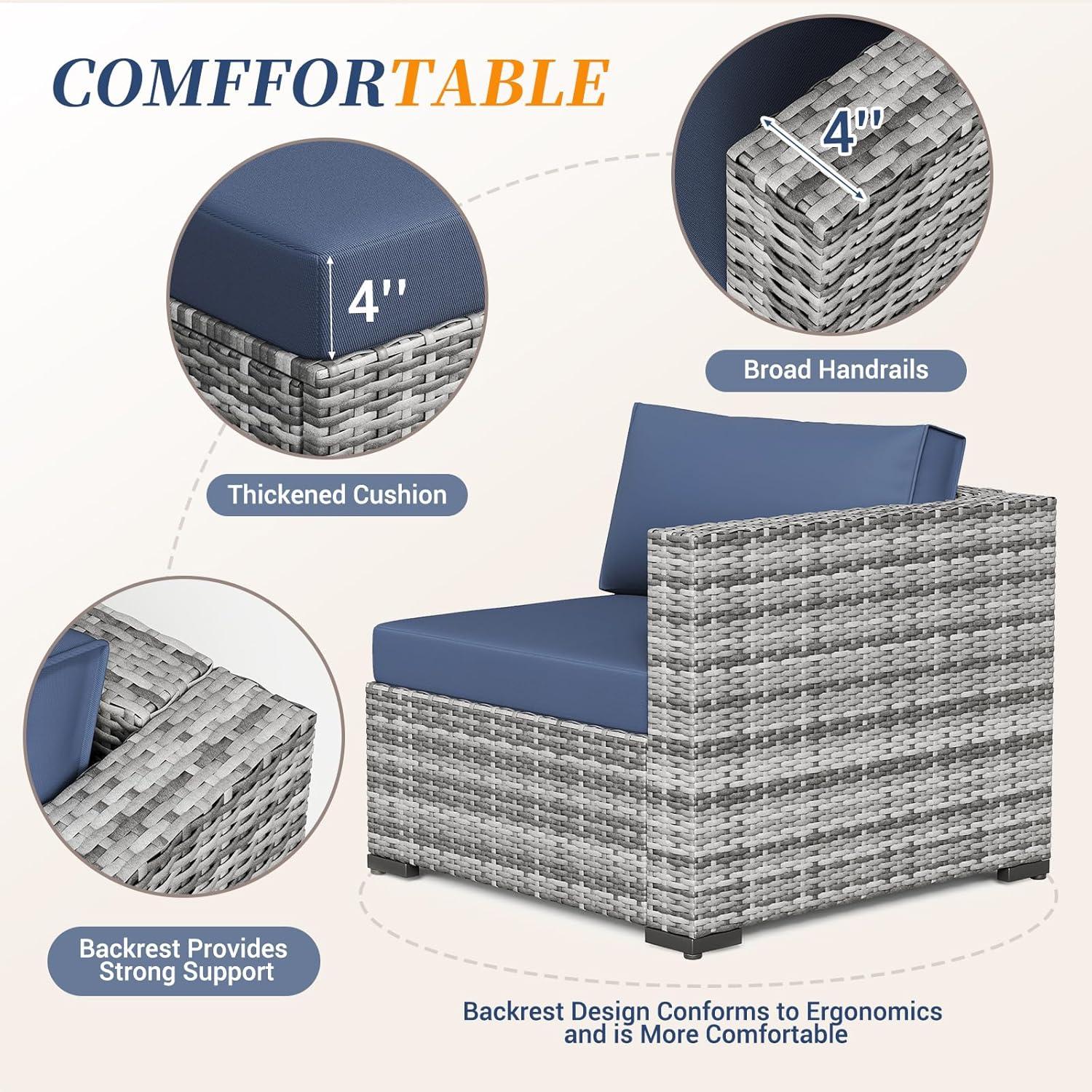 Rattan Gartenmöbel-Set 3er Sofa Sessel Kissen Tisch Grau Marineblau