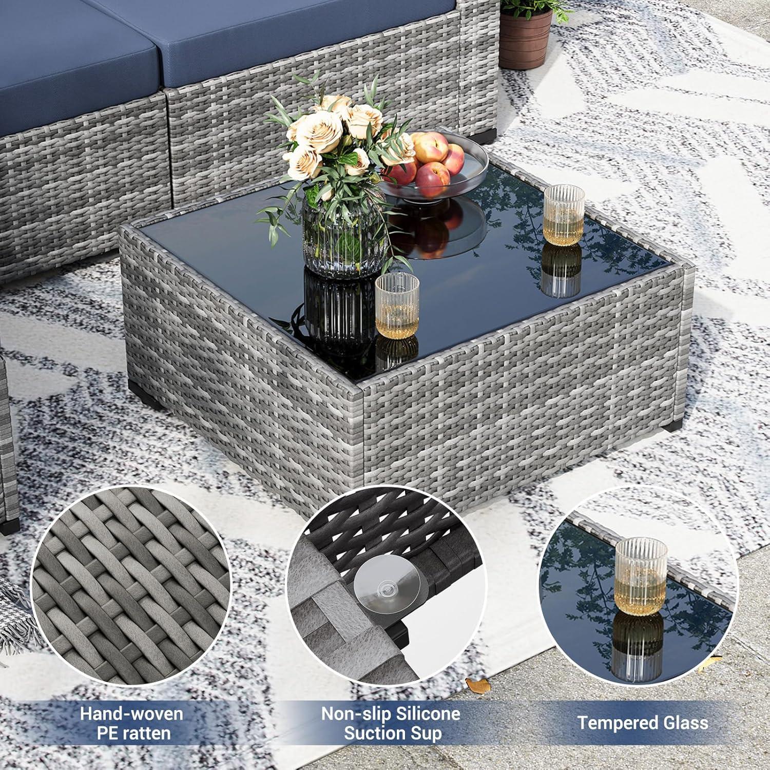 Rattan Gartenmöbel-Set 5tlg. Sofa Sessel Glastisch Grau Marineblau
