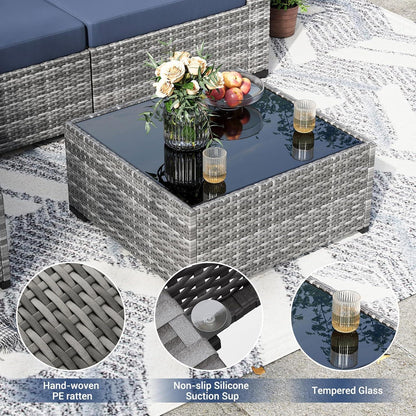 Rattan Gartenmöbel-Set 5tlg. Sofa Sessel Glastisch Grau Marineblau