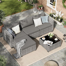 Rattan Gartenmöbel-Set 5-tlg. mit 3er Sofa, Sessel & Glastisch