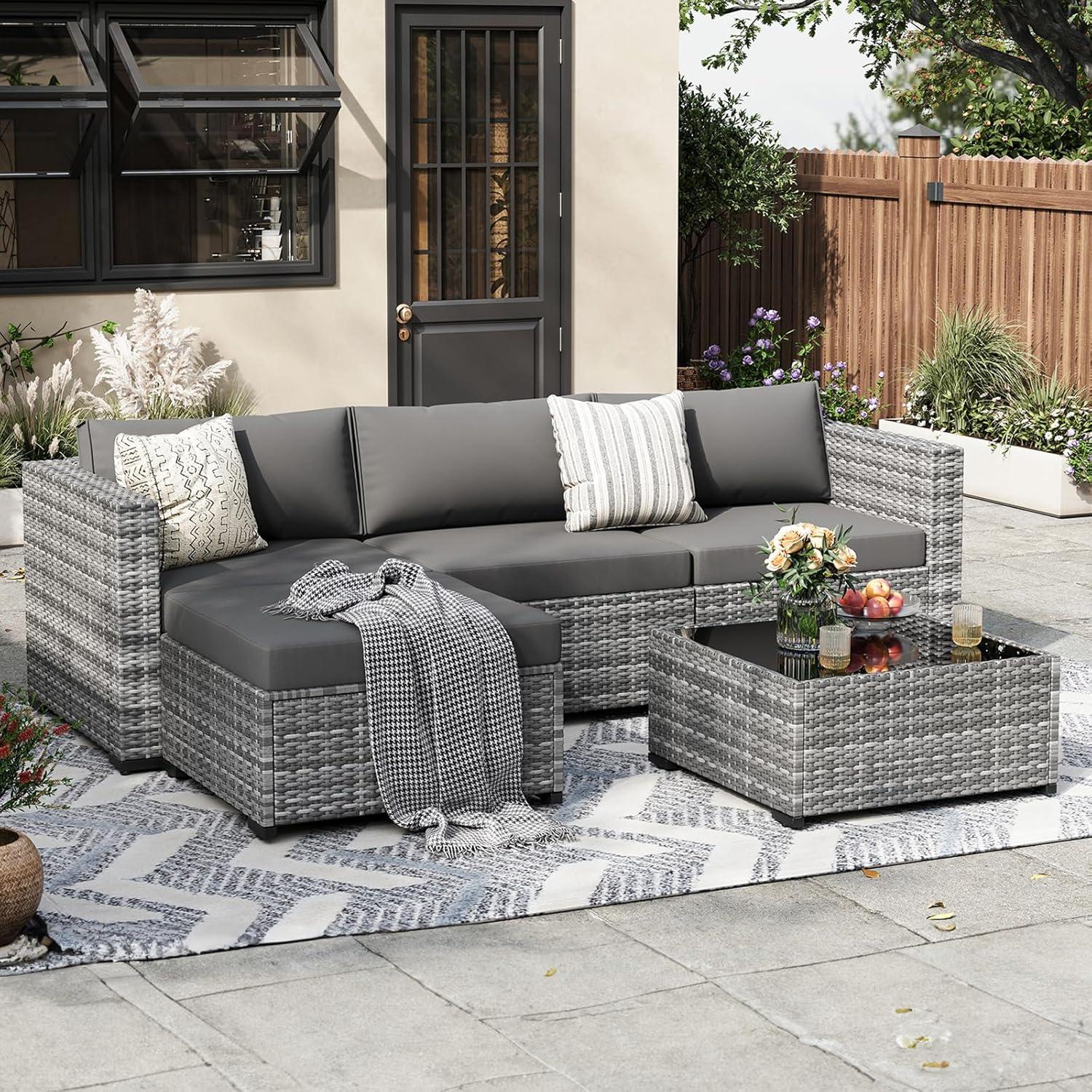 Rattan Gartenmöbel-Set 5tlg. Sofa Sessel Kissen Glastisch