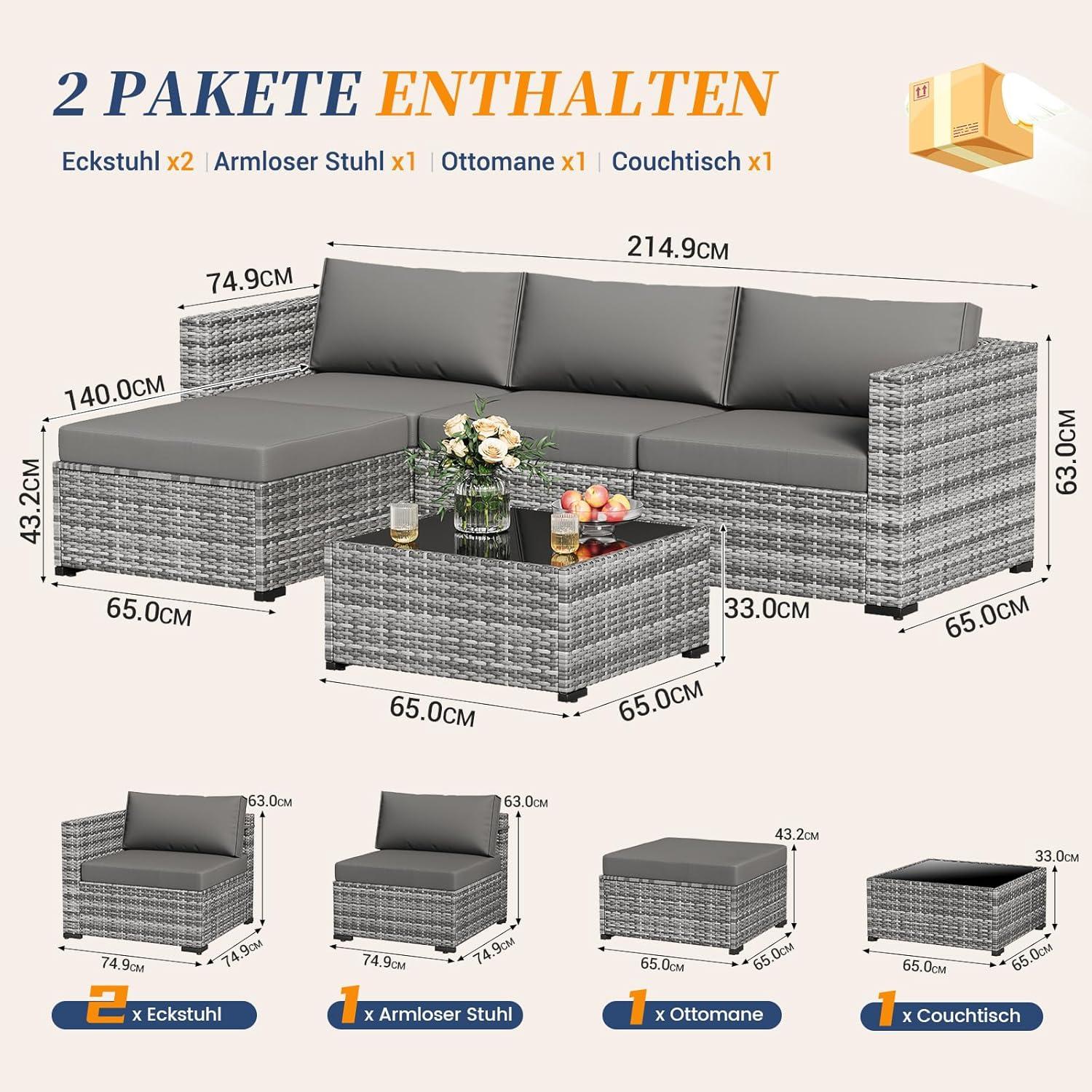 Rattan Gartenmöbel-Set 5-tlg. mit 3er Sofa, Sessel & Glastisch