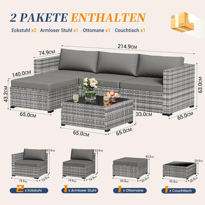 Rattan Gartenmöbel-Set 5-tlg. mit 3er Sofa, Sessel & Glastisch