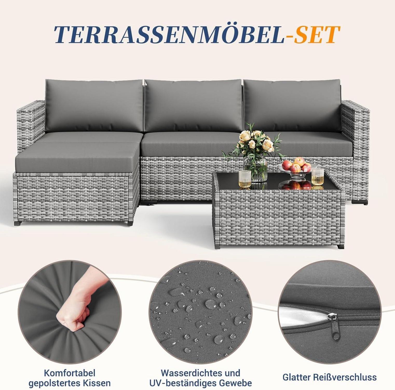 Rattan Gartenmöbel-Set 5-teilig mit Sofa, Sessel, Kissen und Tisch - Grau-meliert