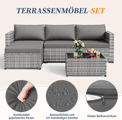 Rattan Gartenmöbel-Set 5-teilig mit Sofa, Sessel, Kissen und Tisch - Grau-meliert