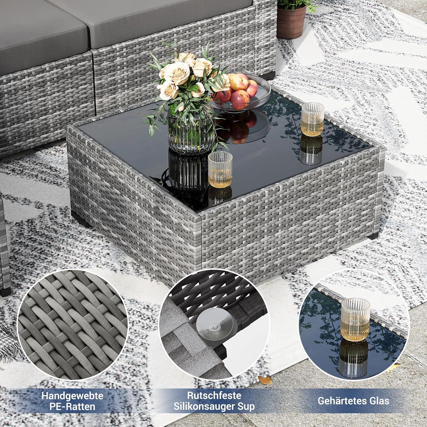 Rattan Lounge-Set 5tlg. mit Sofa, Sessel, Kissen und Glastisch, Grau