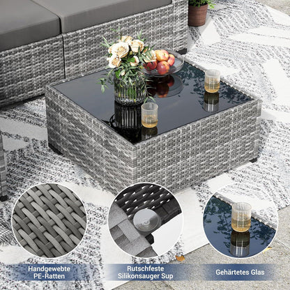 Rattan Lounge-Set 5tlg. mit Sofa, Sessel, Kissen und Glastisch, Grau