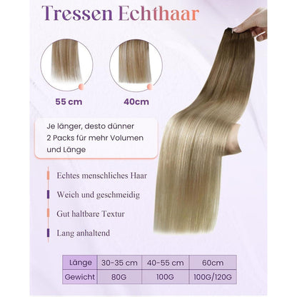 Echthaar Tressen Balayage Braun Ombre Aschblond 35cm