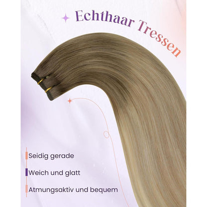 Echthaar Tressen Balayage Braun Ombre Aschblond 35cm