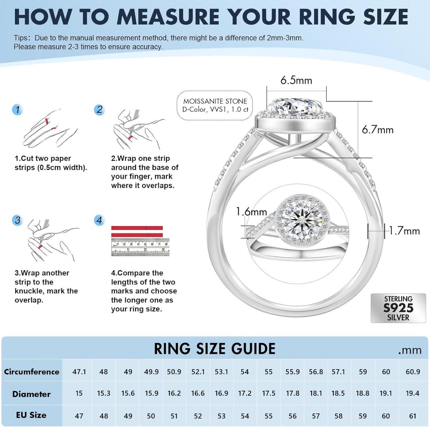 Moissanite Verlobungsring Damen 1-2 Karat VVS1 D 925 Silber Weißgold 57