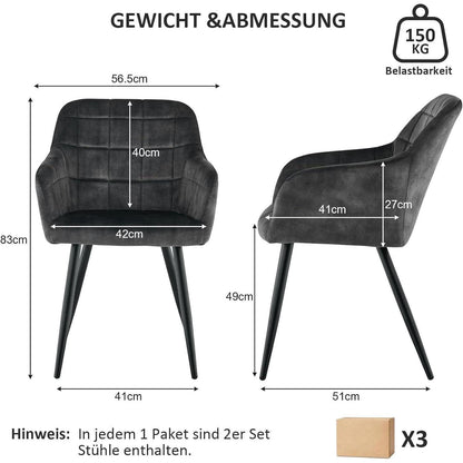 Samt Esszimmerstühle 6er Set, Kohlenstoffgrau