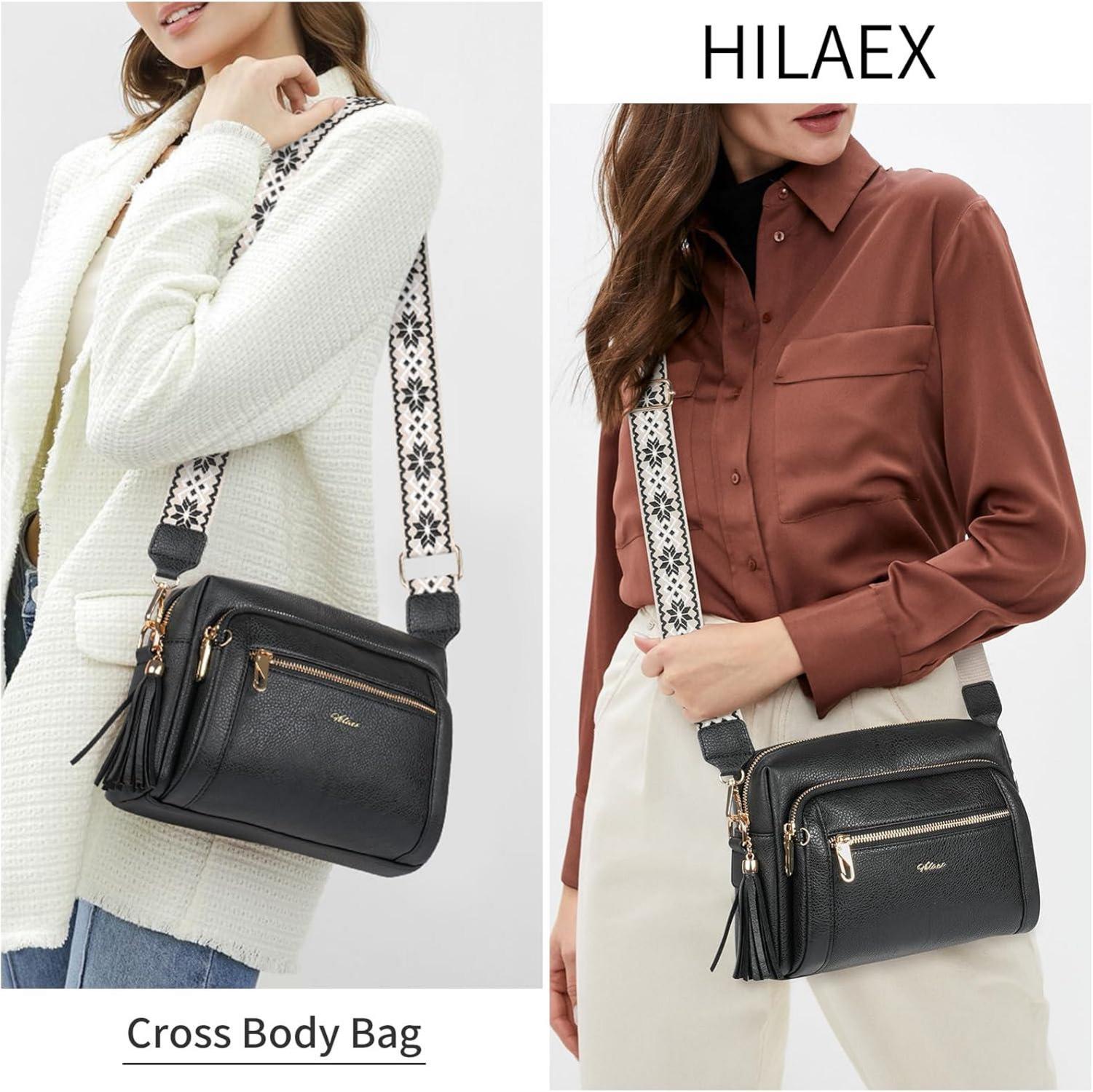 Damen Umhängetasche mit 4 Fächern, Leder Crossbody Bag