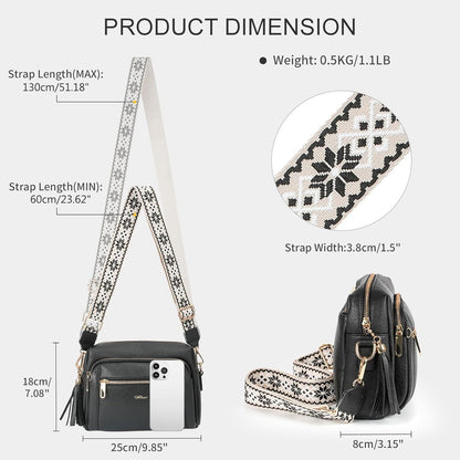 Damen Umhängetasche mit 4 Fächern PU Leder Crossbody Tasche Verstellbar Schwarz