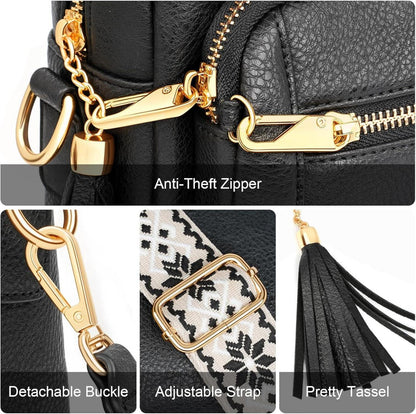 Damen Umhängetasche mit 4 Fächern PU Leder Crossbody Tasche Verstellbar Schwarz