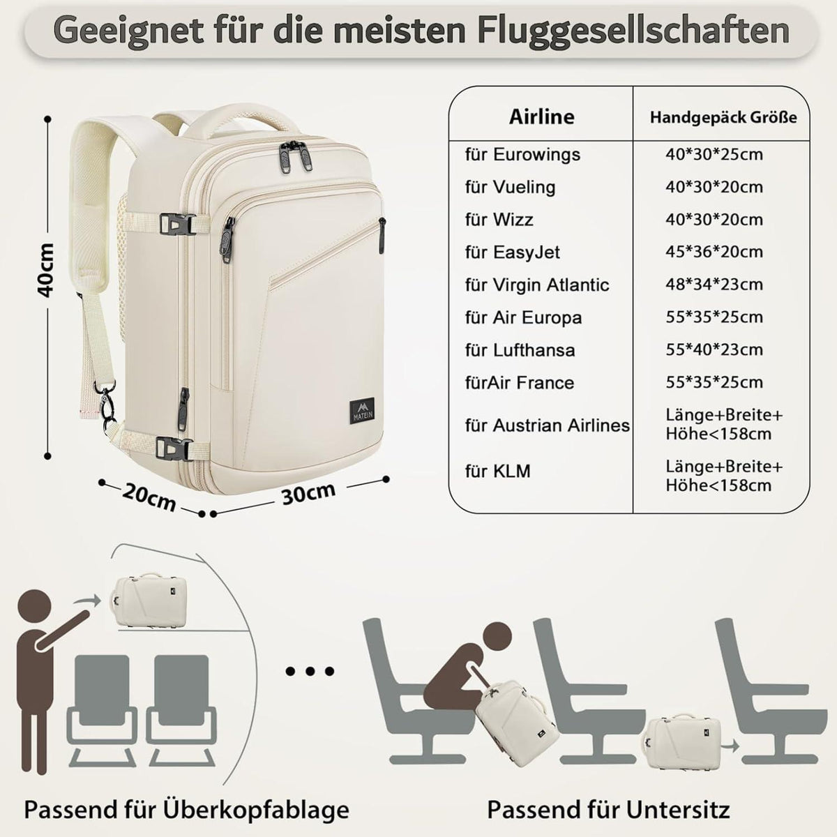 Handgepäck Rucksack Damen erweiterbar, wasserabweisend, beige