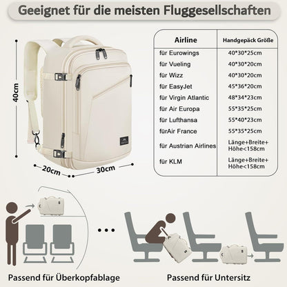 Handgepäck Rucksack Damen erweiterbar, wasserabweisend, beige