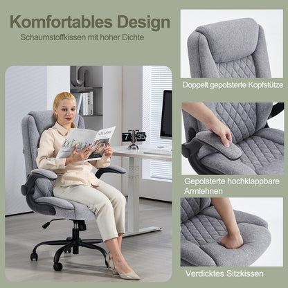 Ergonomischer Bürostuhl Chefsessel 150kg mit Armlehnen klappbar, grau Stoff