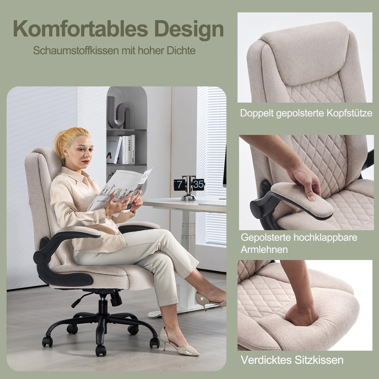 Ergonomischer Bürostuhl mit Höhenverstellung und Wippfunktion 150kg Beige Stoff