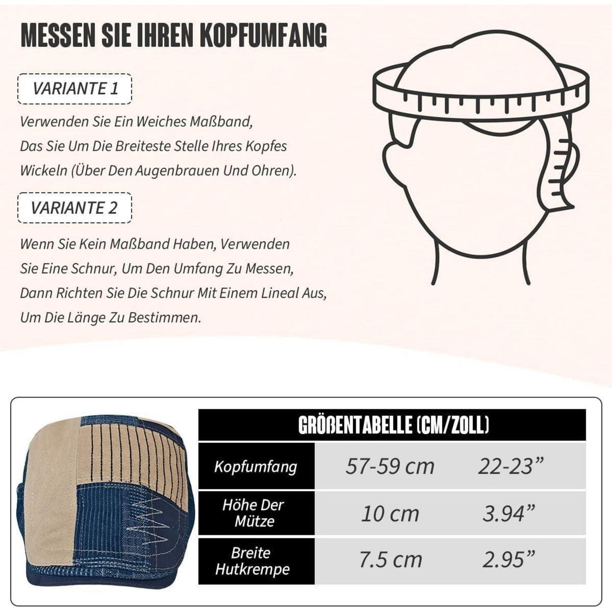 Patchwork Schiebermütze Herren | Vintage Newsboy Cap Grau M-L