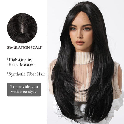 Schwarze Lange Perücke mit Pony Synthetisches Haar Hitzebeständig