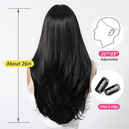 Schwarze Lange Perücke mit Pony Synthetische Haare Hitzebeständig