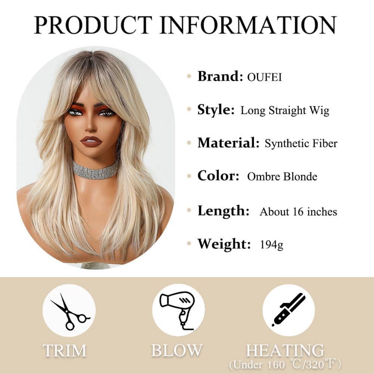 OUFEI Ombre Blonde Lange Gewellte Perücke mit Pony