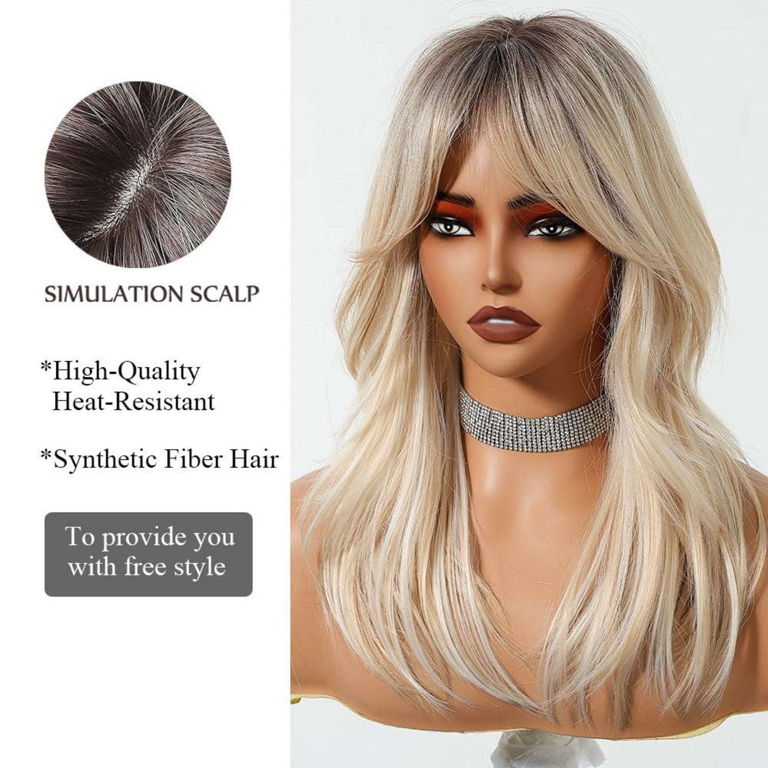 Lange Ombre Blonde Gewellte Synthetische Perücke mit Pony