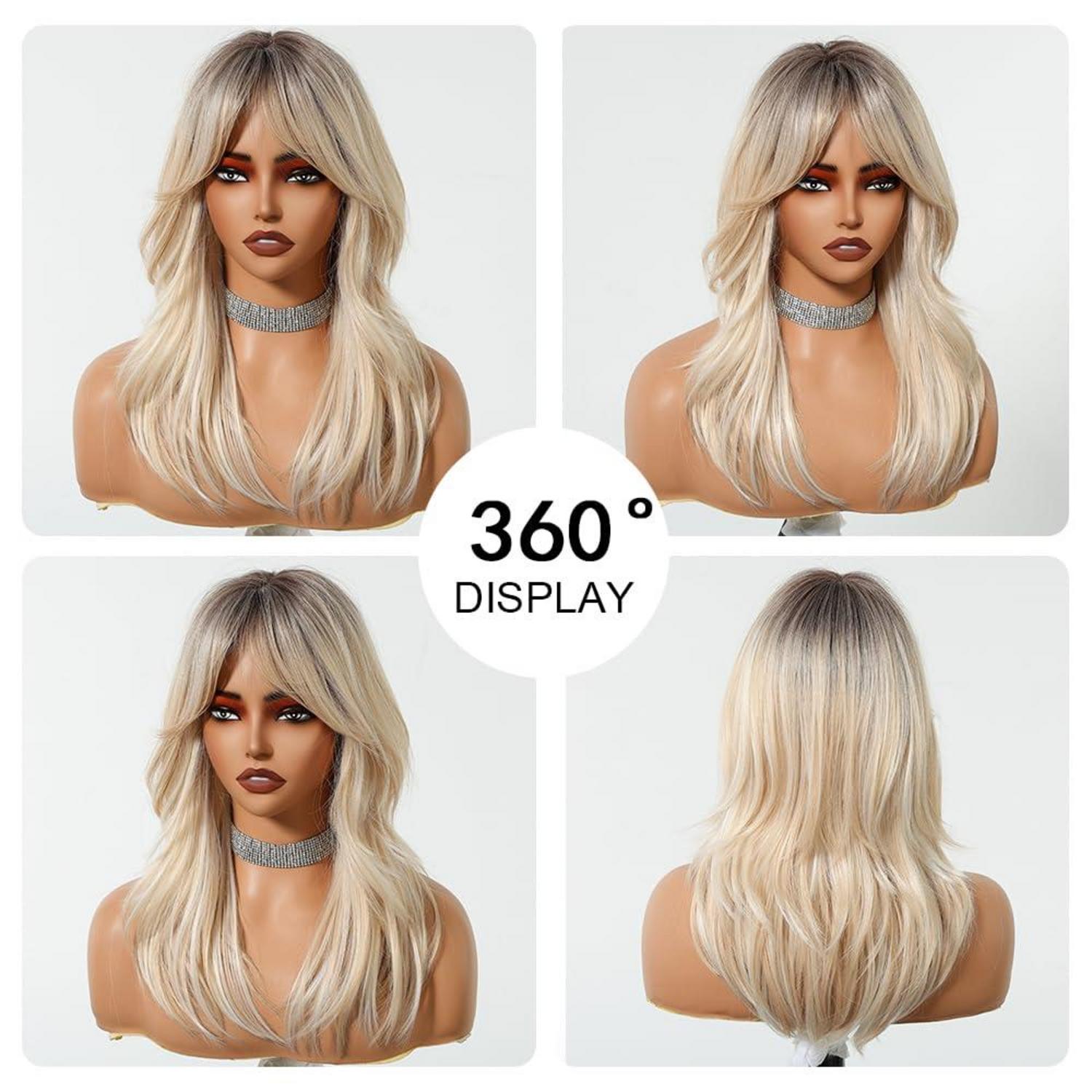 Ombre Blonde Lange Gewellte Synthetische Perücke mit Pony - Hitzebeständig