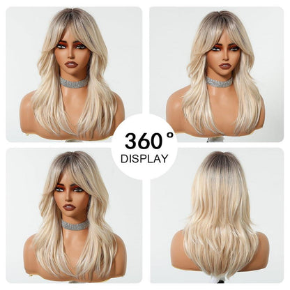 Ombre Blonde Lange Gewellte Synthetische Perücke mit Pony - Hitzebeständig