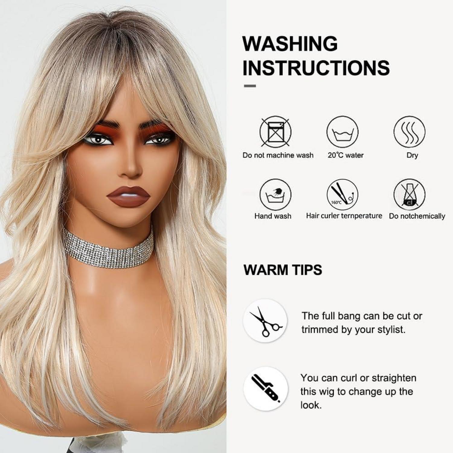 Ombre Blonde Lange Gewellte Synthetische Perücke mit Pony - Hitzebeständig