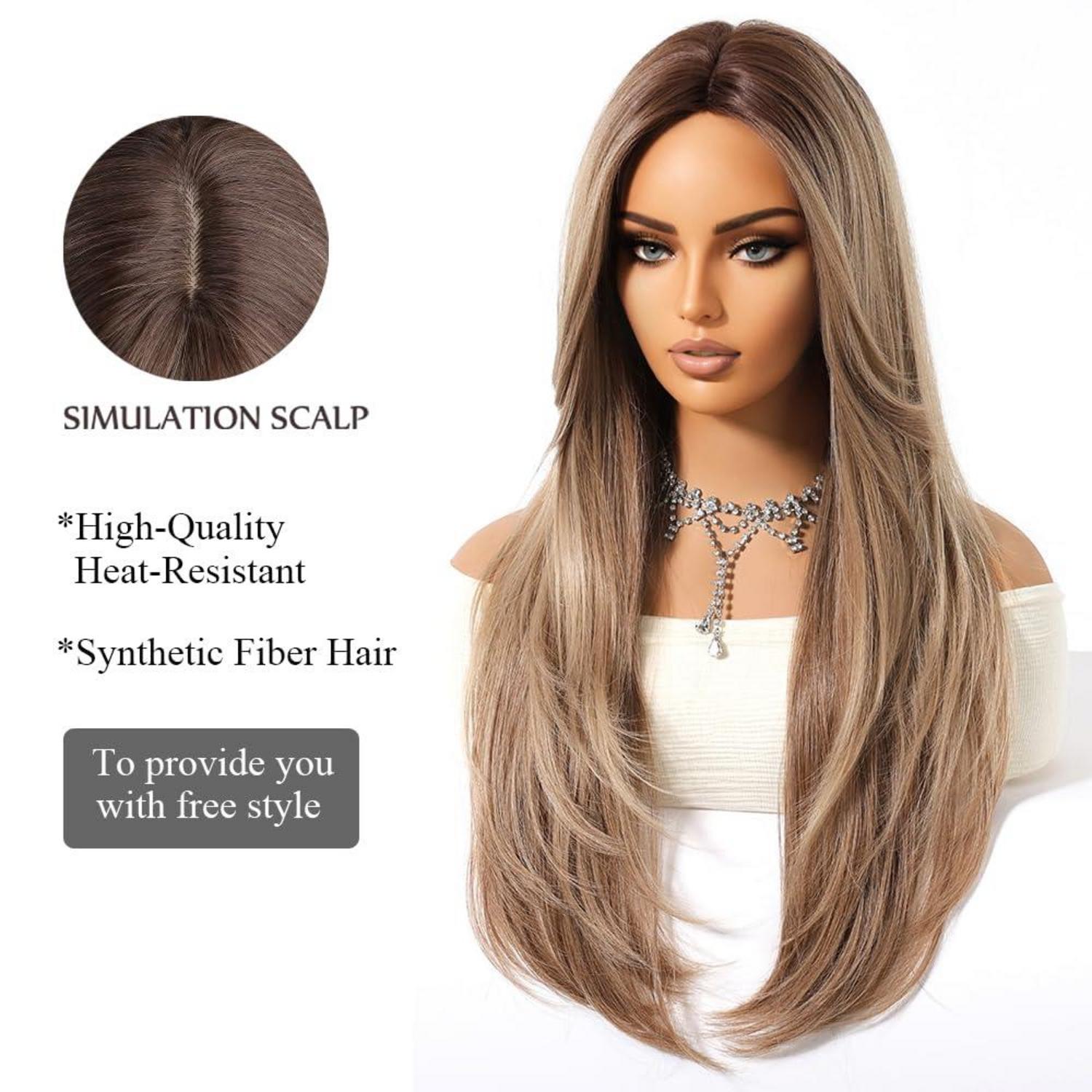 Damen Lange Ombre Ashblonde Perücke mit Pony Natürliches Synthetisches