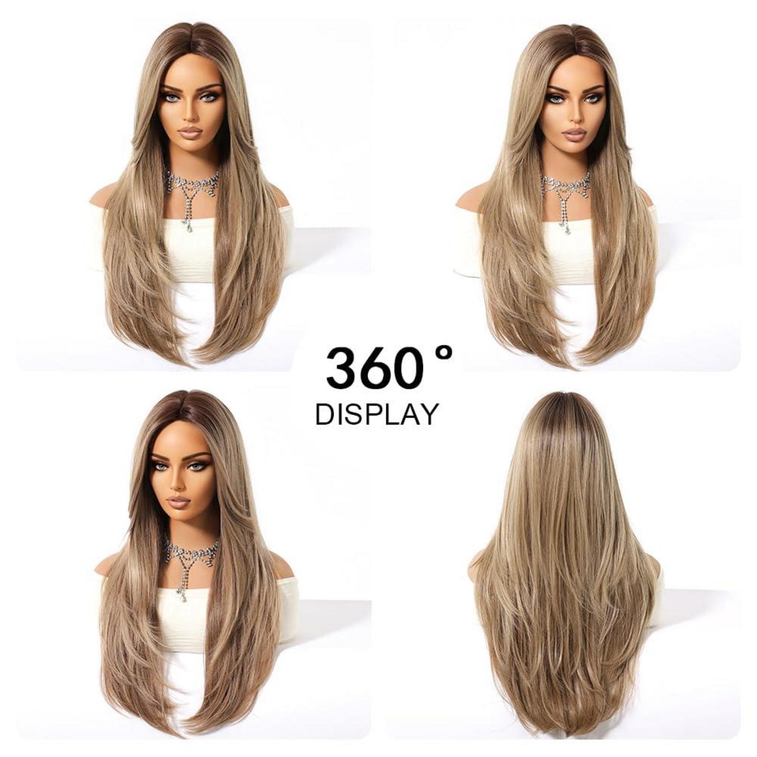 Ash Blonde Ombre Lange Synthetische Perücke mit Pony für Frauen Hitzebeständig