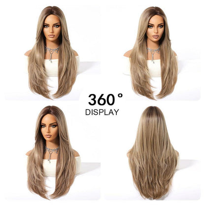 Ash Blonde Ombre Lange Synthetische Perücke mit Pony für Frauen Hitzebeständig