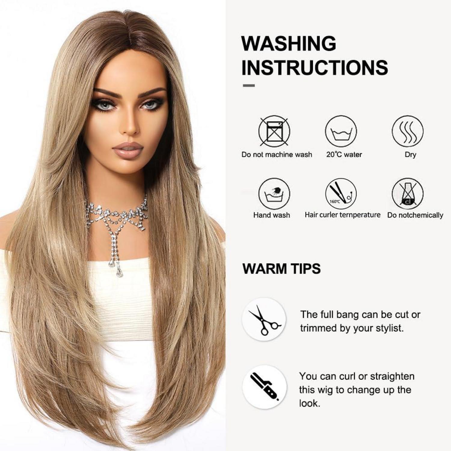 Ash Blonde Ombre Lange Synthetische Perücke mit Pony für Frauen Hitzebeständig
