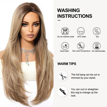 Ash Blonde Ombre Lange Synthetische Perücke mit Pony für Frauen Hitzebeständig