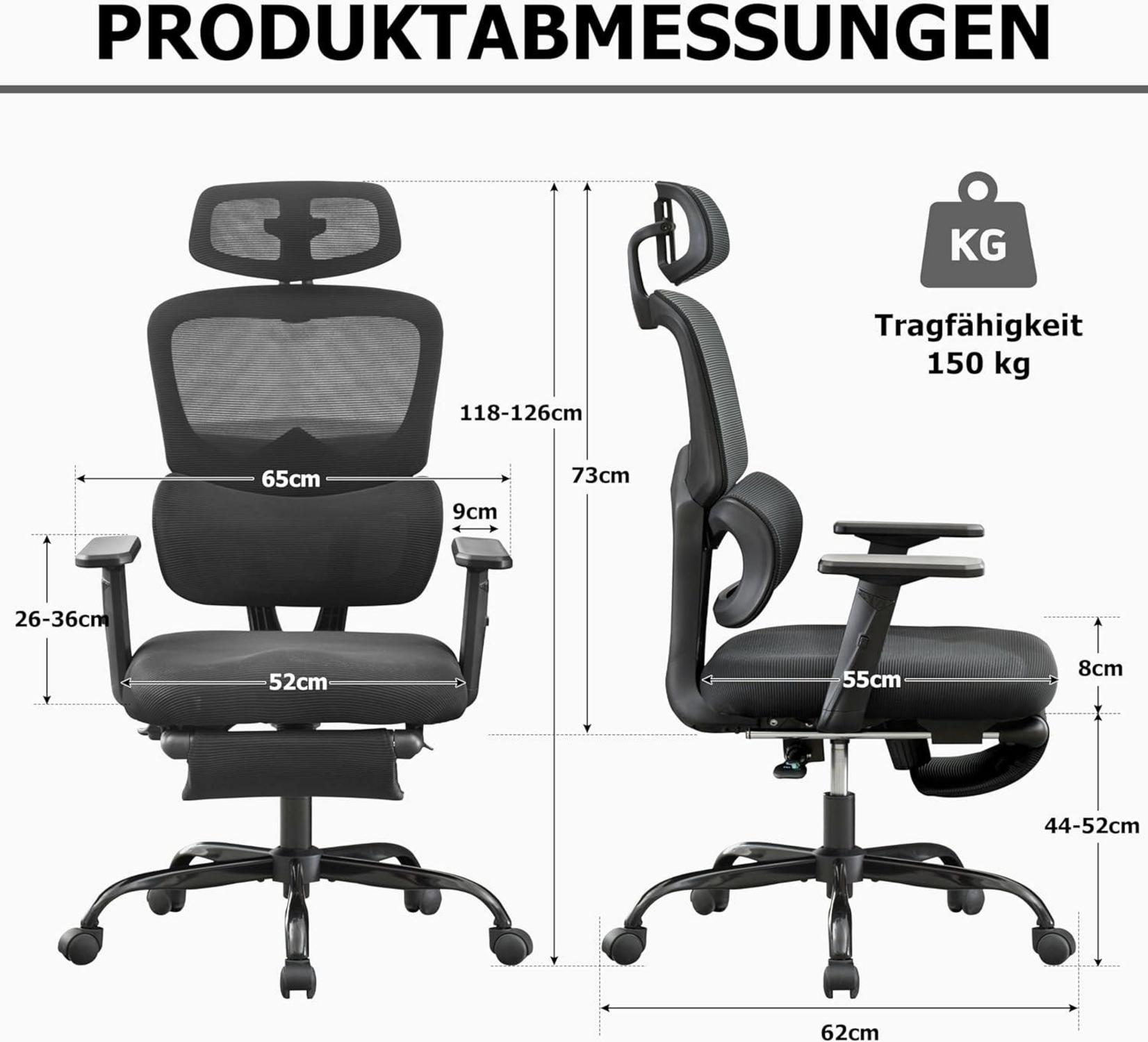 Ergonomischer Bürostuhl mit Fußstütze und Kopfstütze, Schwarz