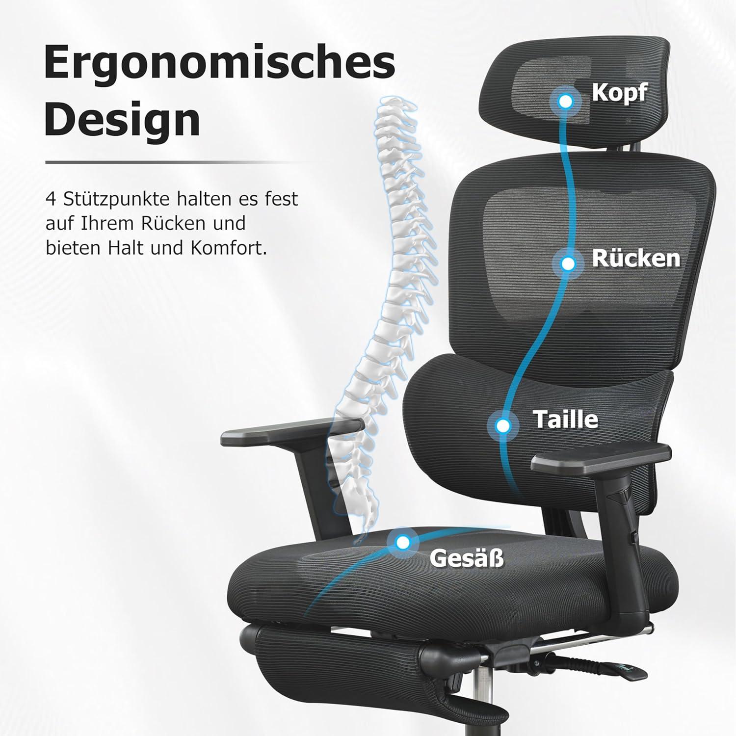 Ergonomischer Bürostuhl mit Fußstütze und Kopfstütze, Schwarz 135° neigbar