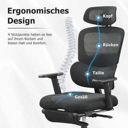 Ergonomischer Bürostuhl mit Fußstütze und Kopfstütze, Schwarz 135° neigbar